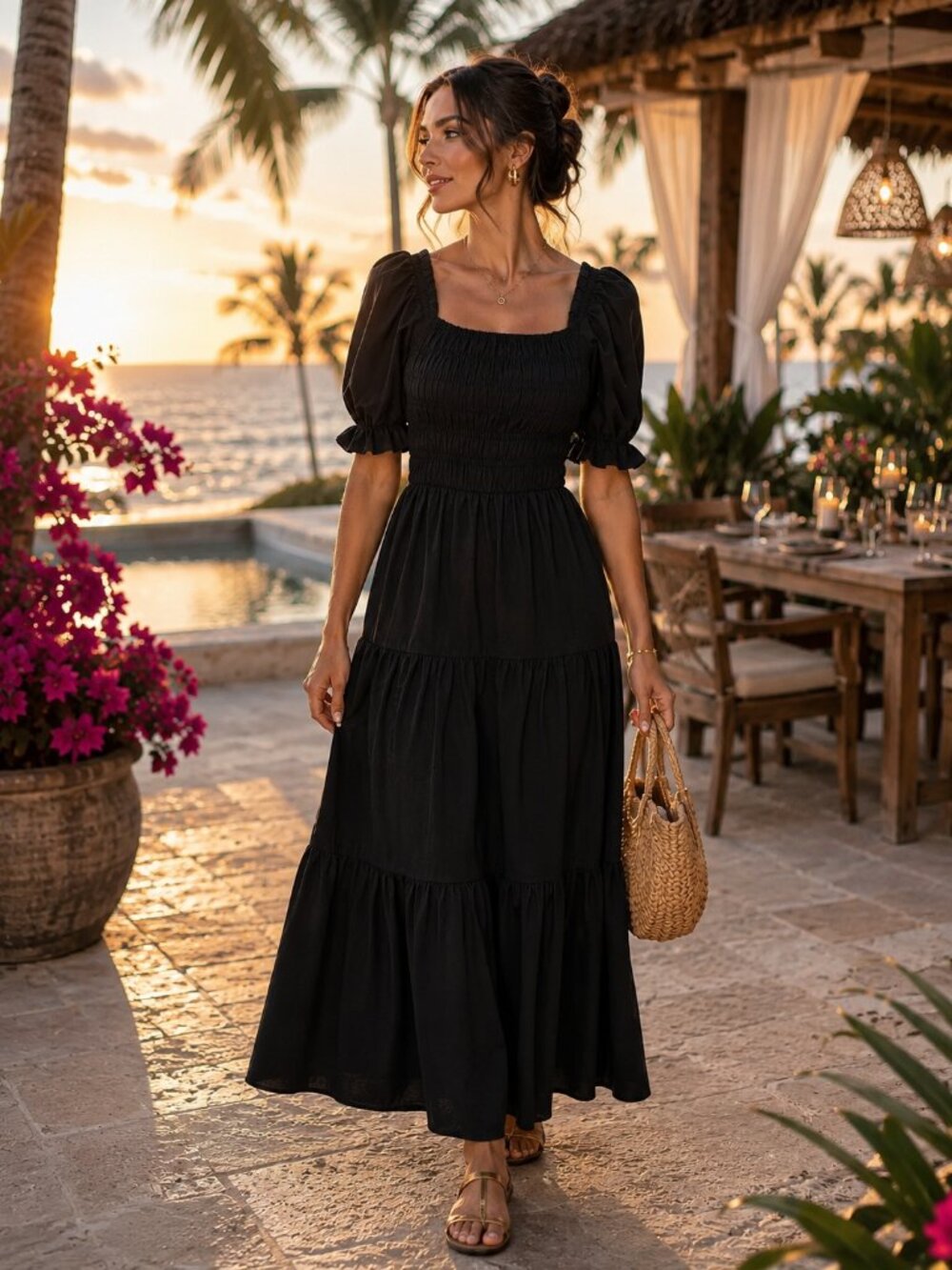 Women's Black Smocked Puff-Sleeve Tiered Maxi Dress NWT